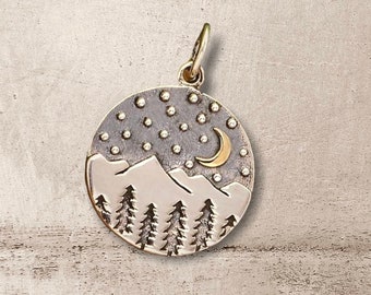 Sterling Silver Mountain Charm with Trees and Bronze Moon, Nature, Adventurer, Pine Trees, Bronze Moon, Dainty Heart, Heart Charm, Gift Idea