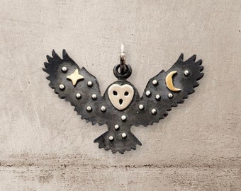 Sterling Silver Owl Charm with Bronze Star and Moon