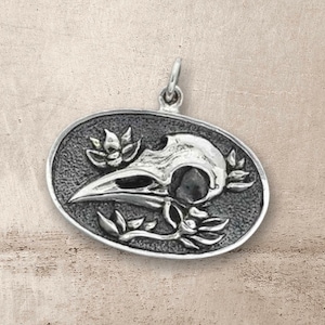 Sterling Silber Blume und Rabe Schädel Anhänger 20x23mm, detaillierte Blume und Vogel Rabe Schmuck, Geschenk für sie, Geburtstagsgeschenk für Mitarbeiter