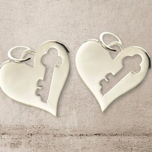 Sterling Silver Heart Charm with Key Cutout, Tiny Key Heart, Dainty Heart Key, Anniversary Gift