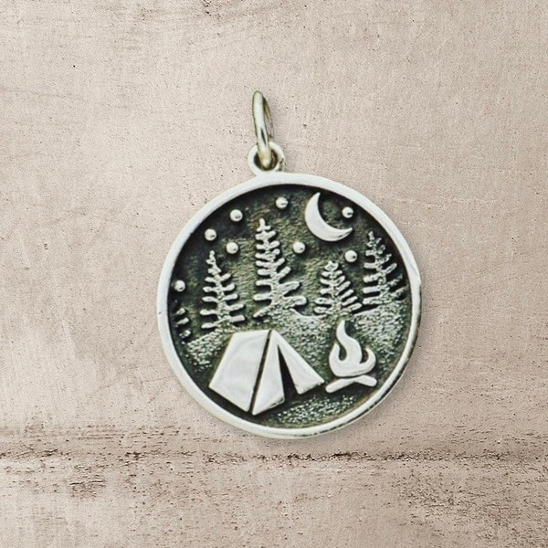 Sterling Silver Camping Charm with Tent and Trees- Nature- Campfire -Smores