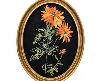 MCM Textile Art, Mid Century Crewel Hand Embroidered OOAK Kitsch Abstract Orange Fowers in a Gold Oval Frame, 8x11