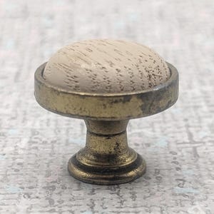 Vintage Distressed Brass and Wood Round Drawer Knobs Cabinet Pulls