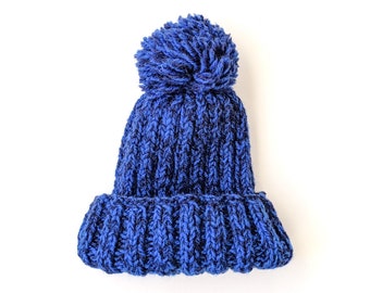 Vintage Hand Knitted Kids Winter Hat with Pom Pom, Unisex Blue Children’s Toque