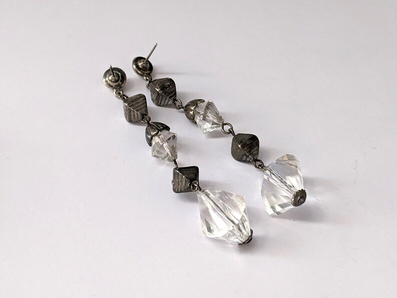 Vintage Drop Dangle Earrings Industrial Metal and Clear Glass Geometric Dangle Earrings Vintage Jewelry