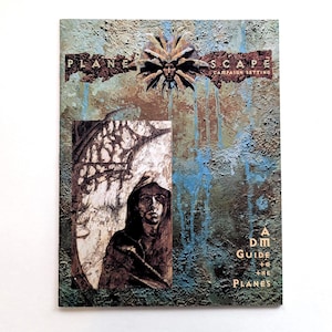 May include: A vintage book cover with the title "Plane Scape Campaign Setting." The cover features a textured, multi-colored background with a central image of a person in a hooded cloak. The text "A DM Guide to the Planes" is also visible.