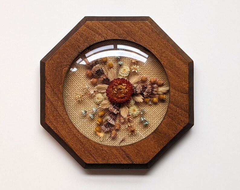 Wedding Keepsake Morsecodevintage Hand Made Rustic Frame Mid Century Teak Large Octagon Framed Dried Flower Art Art Collectibles Mixed Media Collage Biso No
