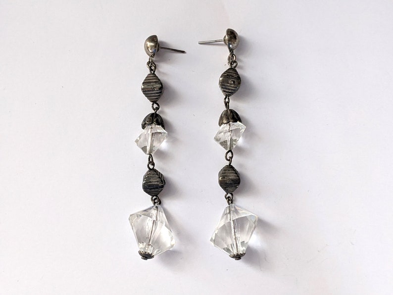 Vintage Drop Dangle Earrings Industrial Metal and Clear Glass Geometric Dangle Earrings Vintage Jewelry