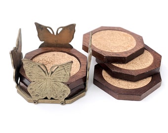 70s Brass Butterfly Coaster Caddy, 70s Set of 5 Wood with Cork Coasters