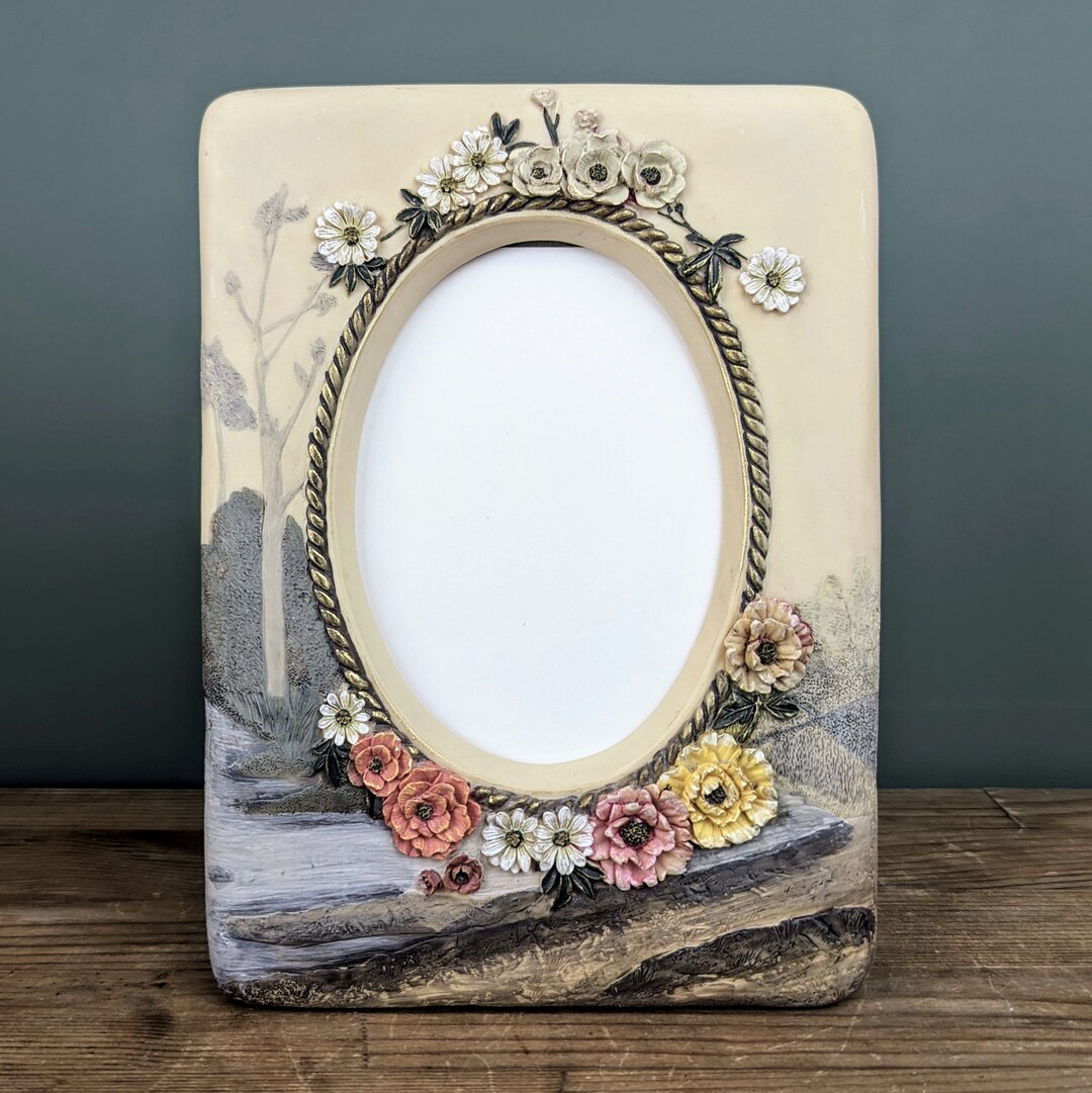 Scenic Floral Landscape Scene Picture Frame With Oval Window, Hand ...