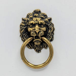Peut inclure: Un heurtoir de porte en forme de tête de lion en or avec une crinière noire et une poignée en forme d'anneau.