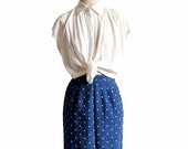 90s Polka Dot Blue Linen Pencil Skirt, Nautical Blue and White Skirt