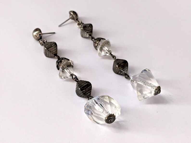 Vintage Drop Dangle Earrings Industrial Metal and Clear Glass Geometric Dangle Earrings Vintage Jewelry