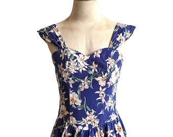 90s Blue Hawaiian Sun Dress,Floral Sleeveless MIDI in a 50’s Pin Up Style