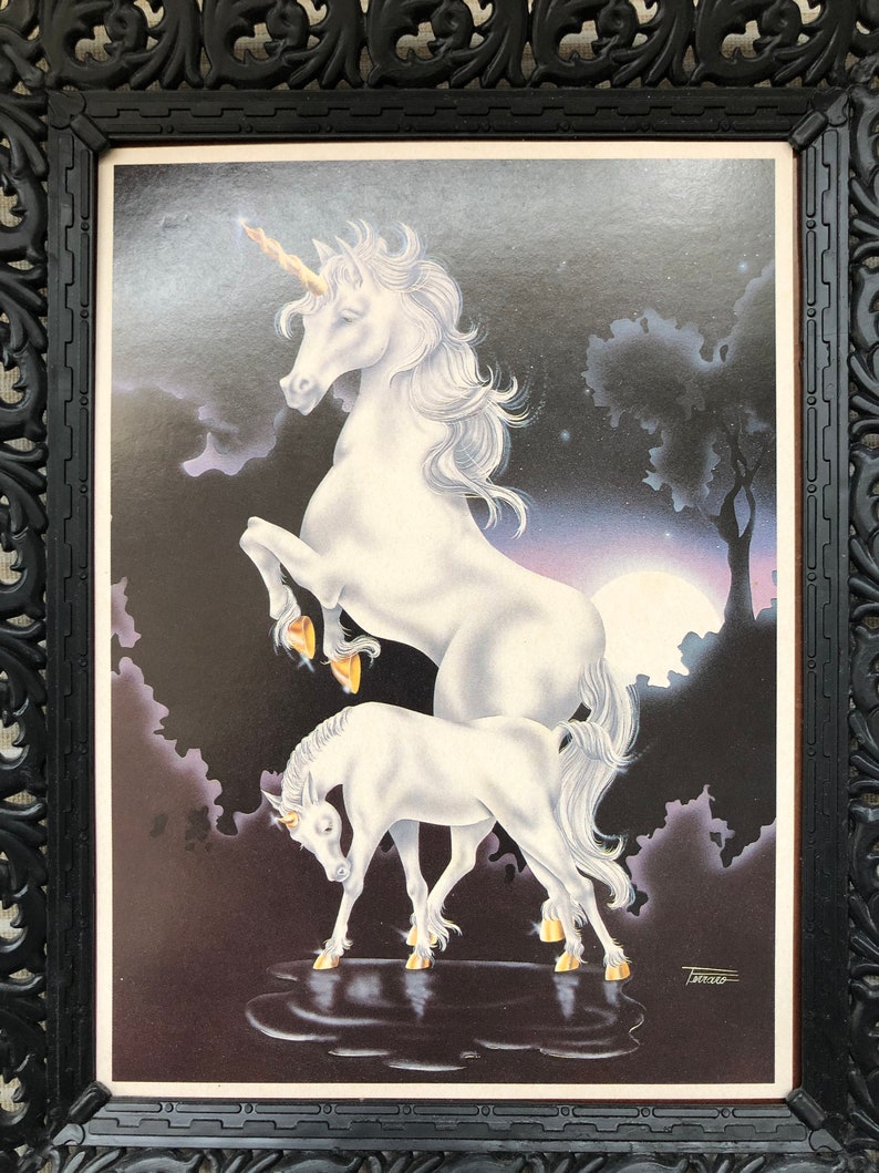 Ferraro Fantasy Art Vintage Ferraro 2 Unicorns and Moon Print Sci Fi Art Framed in Ornate Black Frames morsecodevintage 80s decor