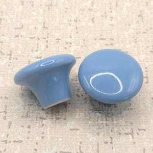 May include: Two light blue ceramic cabinet knobs. One knob is upright, showing the stem and the rounded top. The other knob is lying on its side, showing the rounded top. The knobs are a solid, matte light blue color.