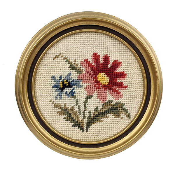 Vintage Floral Tapestry Cross Stitch Framed in a Circular Gold Frame 7.5” OOAK Botanical Art