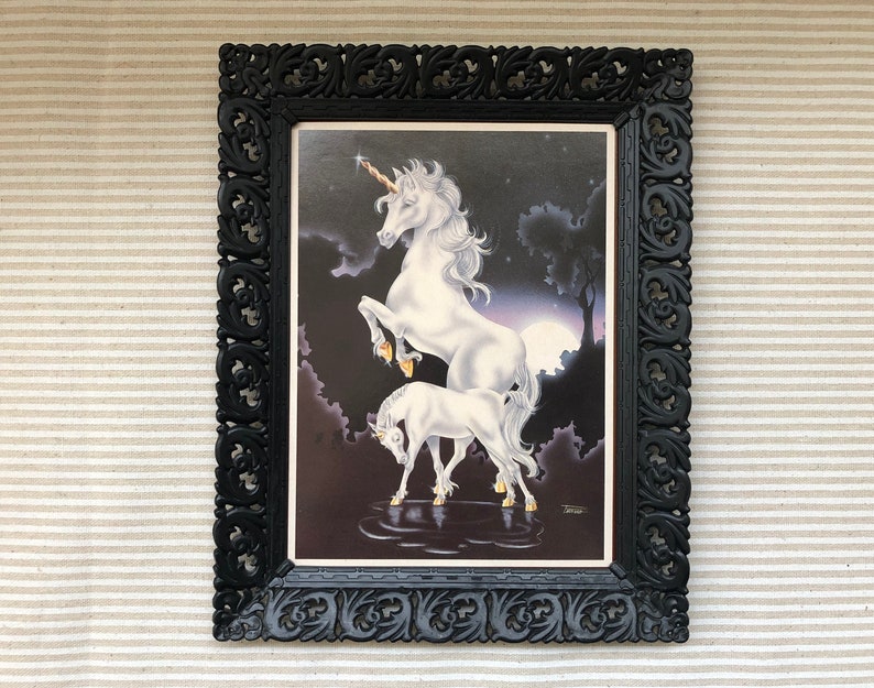 Ferraro Fantasy Art Vintage Ferraro 2 Unicorns and Moon Print Sci Fi Art Framed in Ornate Black Frames morsecodevintage 80s decor