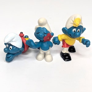 Vintage Smurf Figurines Swimming Smurf, Fabric Flower in Mouth Smurf, Hiking / Skiing Smurf