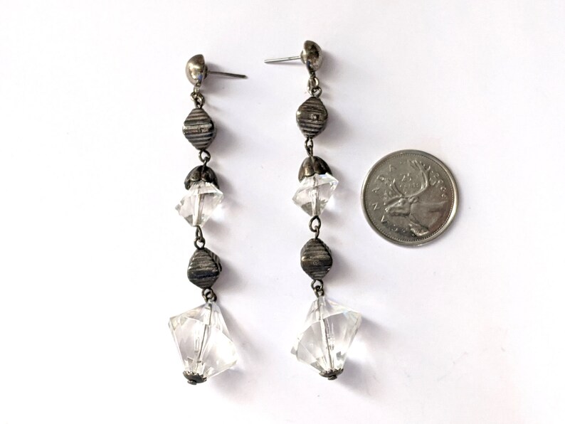 Vintage Drop Dangle Earrings Industrial Metal and Clear Glass Geometric Dangle Earrings Vintage Jewelry