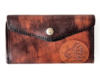 Butterfly Embossed Leather Wallet, 70s Hand Tooled Leather Wallet, Boho Leathercraft