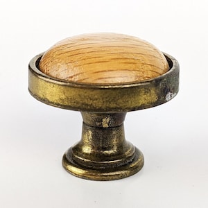 Vintage Brass and Wood Round Drawer Knobs Cabinet Pulls