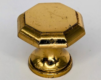 Vintage Solid Brass Hexagon Drawer Knob, Gold Tone Furniture Hardware, Distressed, Dresser Pulls