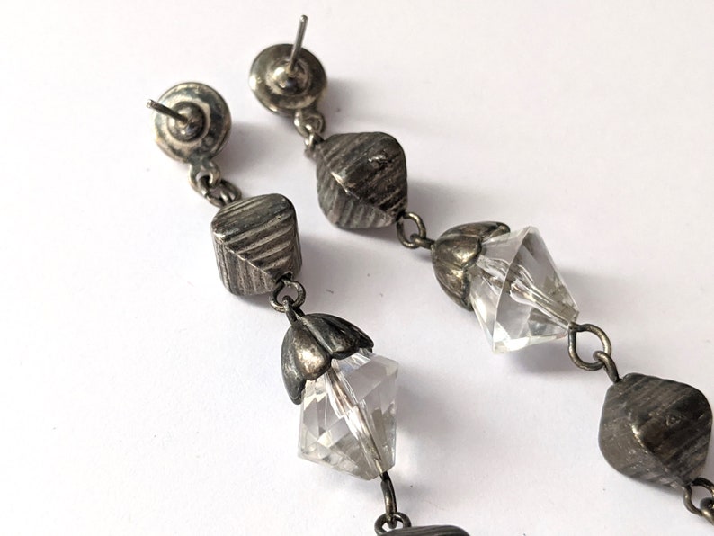 Vintage Drop Dangle Earrings Industrial Metal and Clear Glass Geometric Dangle Earrings Vintage Jewelry