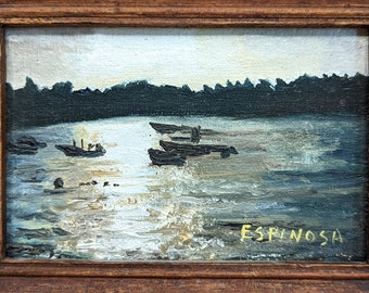 Original Vintage Landscape Lake Painting in a Rustic Wood Frame, Signed 4x6 Oil Painting on Wood Panel