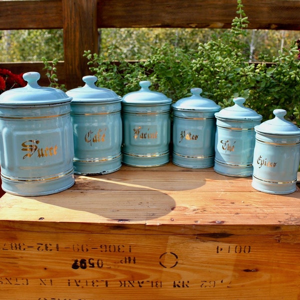 Antique Green-Blue/Turquoise French Enamel Canisters; Set of 6