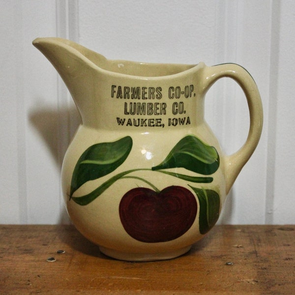 Vintage Watt Yellow Ware Pottery Apple Pitcher; Advertising Farmers Co-Op, Iowa; #15; Farmhouse Country Decor