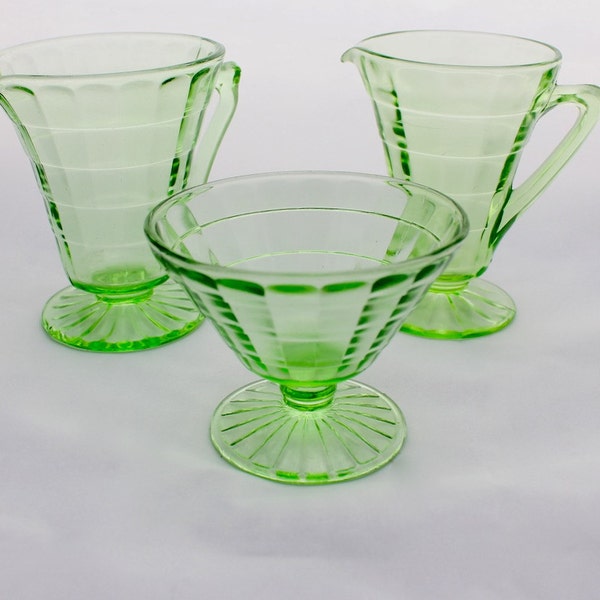 Set of 3 Vintage Green Depression Glass Block Pattern By Hocking Glass Creamers and Sherbert Cup