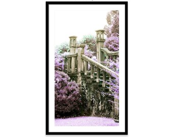Lavender Garden, Staircase Print, Purple Garden, Gothic Photograph, Bleak House, romantic decor, Love Mint Green Flowers Nature decay gray