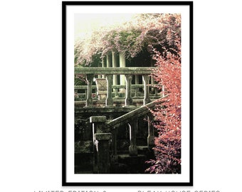 Romantic Gardens, Gothic Staircase, Pink Terrace Photo, Gray Stairs, Bleak House, Pink garden, columns, garden archway, French Terrace, art