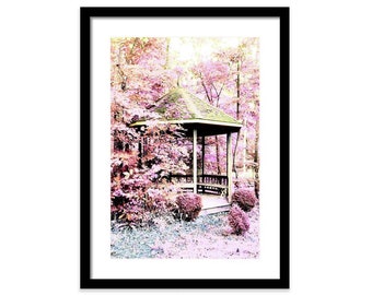 Romantic Pink Gazebo Photograph – Dreamy Garden Scene, Pastel Landscape Wall Art, Cottagecore Decor, Fine Art Print