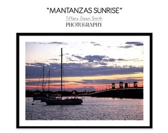 Sunrise over the River Photograph, Sunset Photography, Sunrise over water, Bridge Photo, Boat Photo, Beach Decor, Nautical Print, Landscape