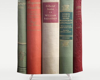 Books Shower Curtain, Book Lovers Decor, Writers Home Decor, Antique Books Decor, Old Books Decor, Authors Decor, Writers Gift, green red