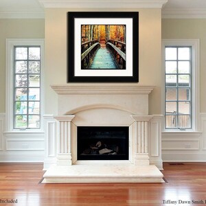 Autumn Bridge Wall Art, Fall Nature Photography Print, Rustic Forest Landscape Decor, Autumn Leaves Photo, Square Fall Home Artwork