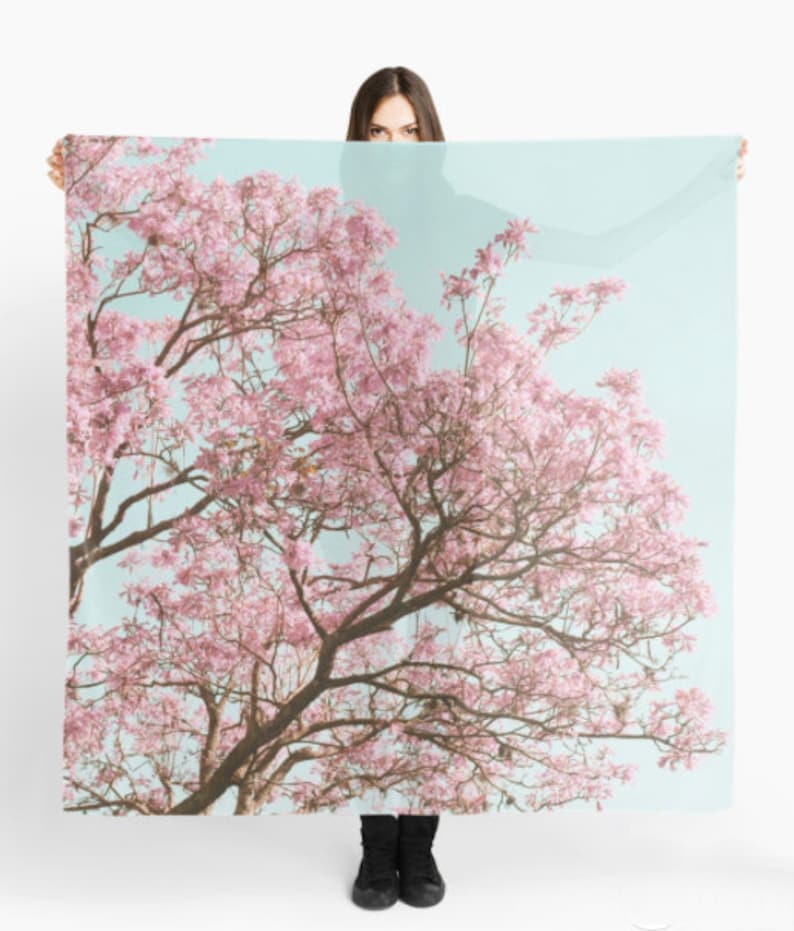 Cherry Blossom Scarf, Mint Blue Scarf, Pink Scarf, Tree Scarf, Spring Scarf, Cherry Blossom Wrap, pink and blue scarf, wearable art, vegan image 1