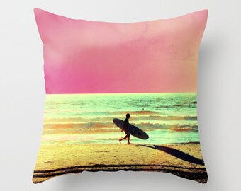 Surf Pillow Cover, Surfer Decor, Beach Pillow, Ocean Home Decor, Beach House, Surfer Pillow, Water Sports, Pink Green Sea Sand Silhouette