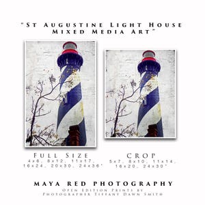 May include: Two framed prints of the St. Augustine Lighthouse, a mixed media art piece. The lighthouse is white with blue stripes and a red top. The prints are labeled "Full Size" and "Crop" with size options. The text "ST AUGUSTINE LIGHT HOUSE MIXED MEDIA ART" is at the top.