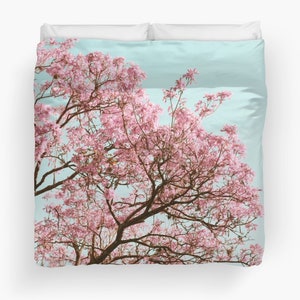 Cherry Blossom Duvet, Pink Tree Duvet, Mint Blue Duvet, Romantic Bedding, Nature Duvet, Tree Duvet Cover, Cottage Chic Duvet, Shabby Chic image 1