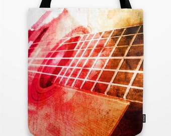 Guitar Tote, Guitar Bag, Music Tote, Music Bag, Musician Tote, Gift for musician, guitar watercolor, pink brown, stringed instrument, singer