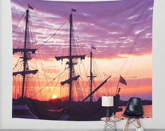 Ship Tapestry, Boat Tapestry, Pirate Ship, Purple Sunrise, Orange Sunrise, River Tapestry, Nautical Tapestry, Coastal Decor, El Galeon, Navy