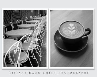 Cafe Photography Set, Coffee Photo Set, Coffeehouse Print Set, Cafe Fine Art, Set of 2 photographs, Kitchen Wall Decor, Black and White Art