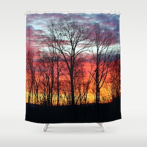 Sunrise Shower, Sunrise Bathroom, Sunrise Home Decor, Sunset Bath Decor, Bathroom Decor, Shower Curtain, Nature, Landscape Orange Red Trees