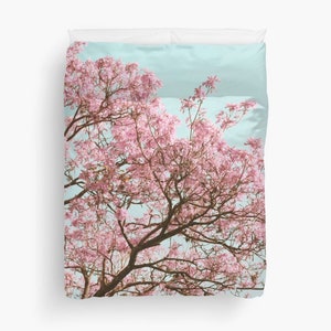 Cherry Blossom Duvet, Pink Tree Duvet, Mint Blue Duvet, Romantic Bedding, Nature Duvet, Tree Duvet Cover, Cottage Chic Duvet, Shabby Chic image 3