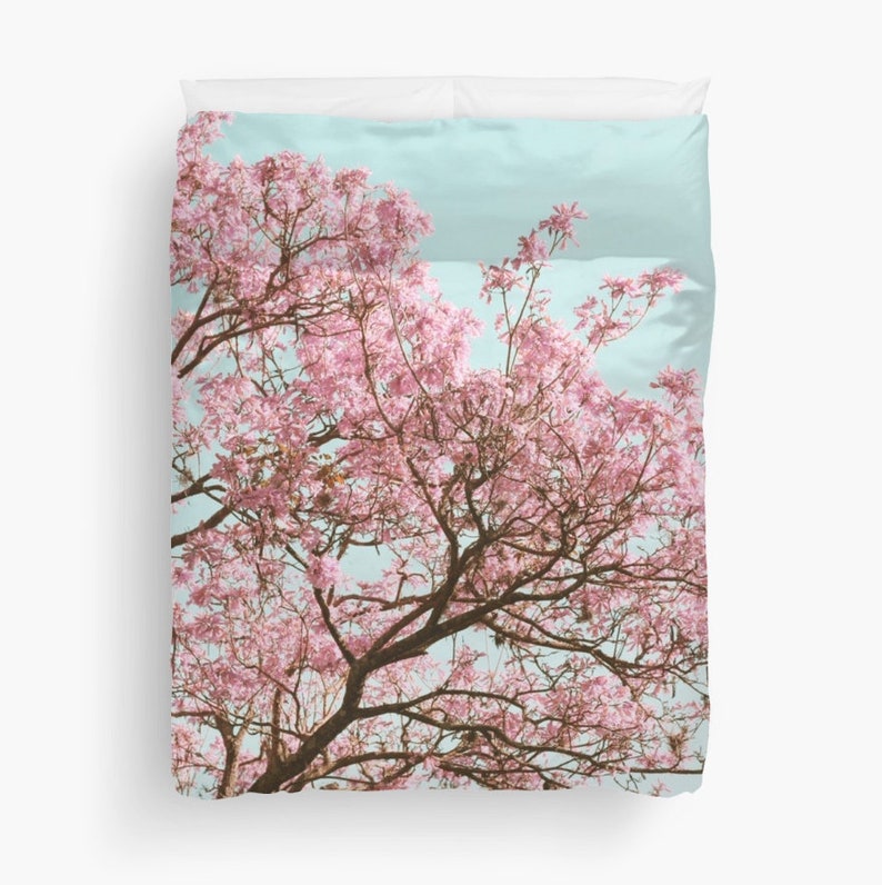 Cherry Blossom Duvet, Pink Tree Duvet, Mint Blue Duvet, Romantic Bedding, Nature Duvet, Tree Duvet Cover, Cottage Chic Duvet, Shabby Chic image 3