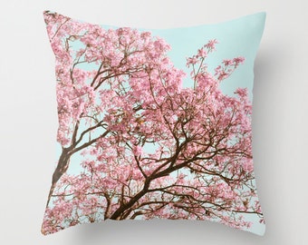 Cherry Blossom Pillow Cover, Cherry Pillow, Mint Blue Pillow, Pink Tree Pillow, Shabby Chic Pillow, Romantic Pillow, Soft Pink, Cottage Chic