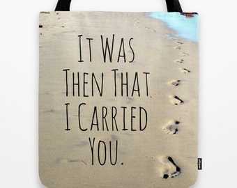 Footprints Tote Bag, Faith tote bag, Footprints poem, footprints in sand, beach tote, blue and tan, Religious gift, Christian Tote, Poem Bag